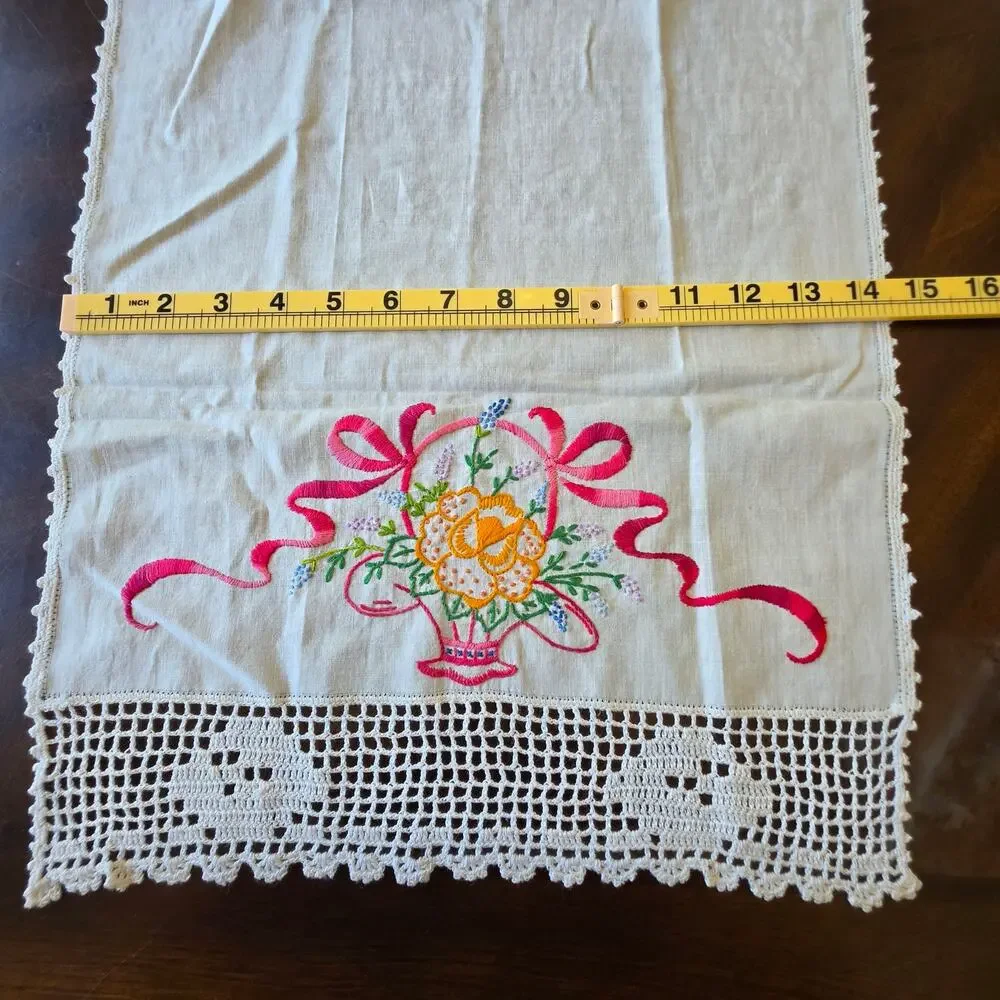 Vintage Floral Basket Embroidered Dresser Scarf Linen Runner Double Sided 32